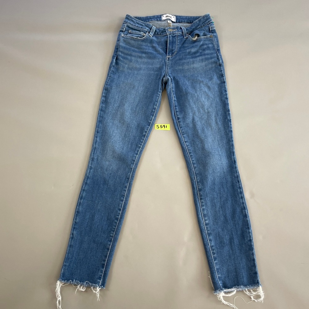 Paige Kylie Crop Skinny Jeans Medium Wash Blue Frayed Raw Hem Womens Size 26